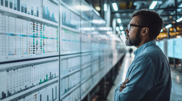 A focused engineer analyzing data on large digital screens with various charts and graphs.