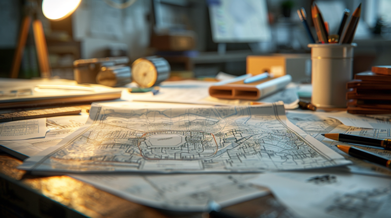 A cluttered desk with detailed architectural maps, drawing tools, and a glowing desk lamp.