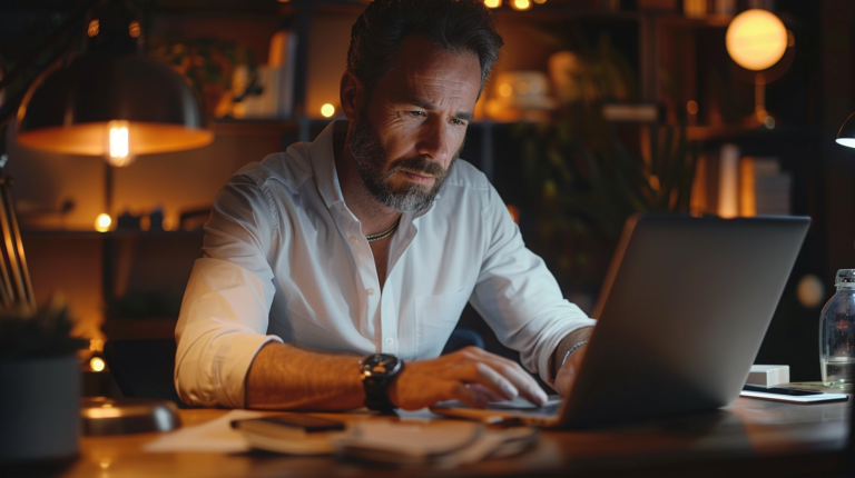 An engineer working late at night in a dimly lit office, concentrating on a laptop.