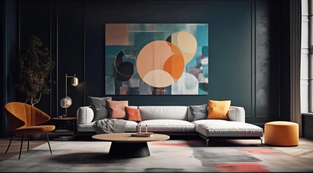 A chic living room with a white sectional sofa, colorful pillows, an abstract painting on a teal wall, a wooden coffee table, and an orange accent chair.