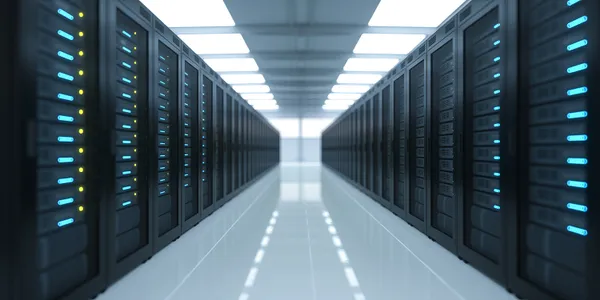 Long aisle of data servers in a modern data center.