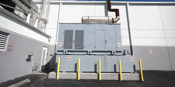 Large outdoor generator unit with yellow safety bollards in front.