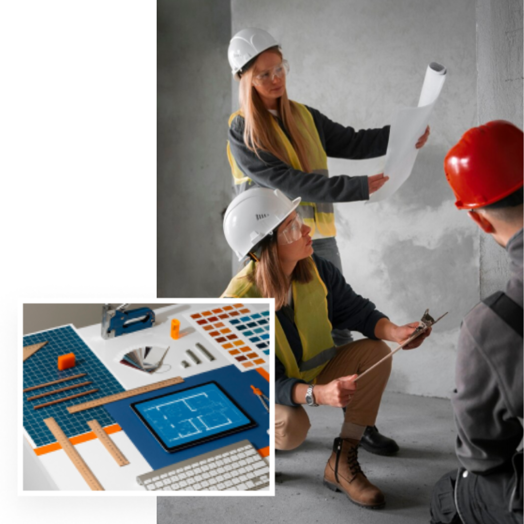 Female engineers in hard hats reviewing blueprints, with a focus on a tablet and drafting tools.